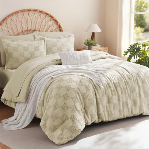 Image of MR&HM Queen Comforter Set 7 Pieces, Checkered Boho Tufted Bed Set Linen | Farmhouse Vintage Bed with Plaid Geometric Design, All-Season Bed in A Bag Comforter with Sheets, Pillow Shams & Pillowcases