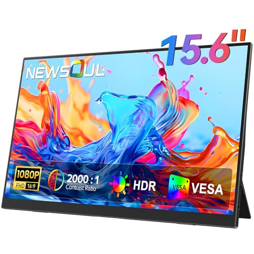 Newsoul Przenośny Monitor 15,6 Cala, 1920×1080P FHD IPS 2000:1, Przenośny Ekran do laptopa z USB-C i HDMI, Ultracienki Ekran z Eye Care Drugi Ekran do laptopa PC/PS5/4/Xbox/Switch, Montaż VESA