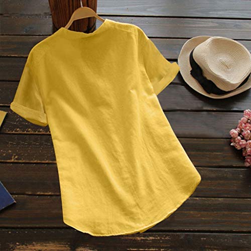 Blusa de mostaza para mujer, camiseta corta de lino, algodón para mujer, blusa de plumón, manga informal, blusa para mujer, blusa con purpurina, amarillo, XL