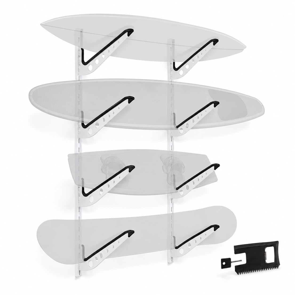 Katai - Surfboard Wall Mount Rack – Adjustable Storage for Surfboards SUP Wakeboards Snowboards & Longboards, Wall Hanger for Garage, Comb Tool