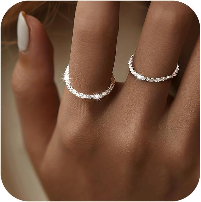 Stackable 925 Sterling Silver Rings for Women Dainty 14K Gold Plated Ring Fashion Simple Thin Sparkling Bling Finger Statement Line Ring for Birthday Graduation Jewelry Gifts for Her