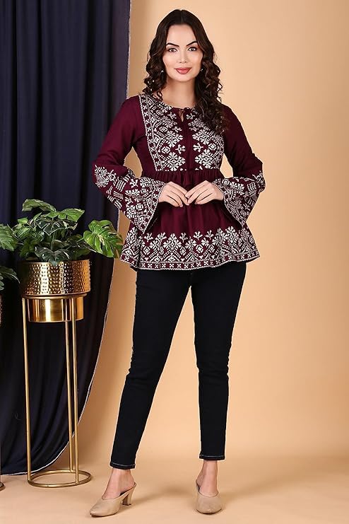 Image of MAHIRA'S Women's Short Kurti, Black Rayon Tunic Top with Embroidered Sleeves, 3 /4 Designer Sleeves