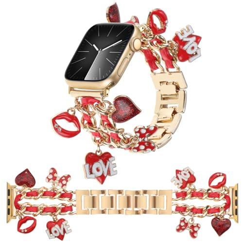 REALSIGN Stylish Metal Bands Compatible with Apple Watch Band 49/46/45/44/42mm Women Cuban Chain Band with Cute Pendants Love Cross Charms Strap for iWatch Series 10 9 8 7 6 5 4 3 SE Ultra 2 (A17-Gold Red 42MM)