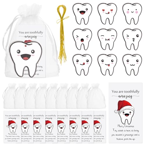 Suzile 9 Set Christmas Dental Ornaments Cute Tooth Hanging Gifts Merry Christmas Cards with Organza Bags for Dentist Dental Gifts Christmas Tree Decoration (Acrylic)