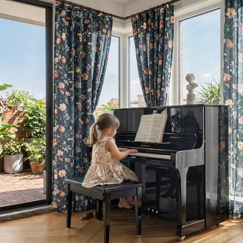 Image of jinchan Custom Size Curtain Dark Blue Floral Linen Curtain Back Tab 1 Panel