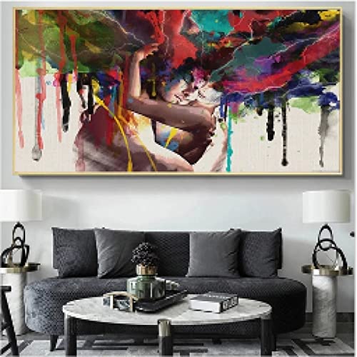 Peinture graffiti couple abstrait grand format toile murale salon moderne 90x180