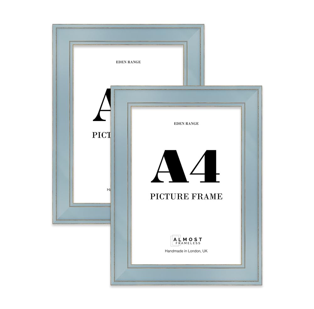 A4 Cornflower Blue Picture Frame - Shabby Chic Photo Frame with Distressed Finish, Gold Trim, Wall Hooks and Kickstand, 37mm Edge - 2 Pack