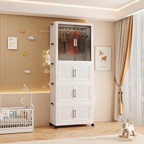 Image of Mevigo 4-Door Plastic Wardrobe for Kids| Almirah and Wardrobe for Baby Clothes| Modular Storage Cabinet with Wheel Organizer for Cupboard Rack for Clothes /Shoes /Books /Toy-Whhite-713