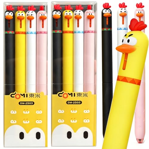 JUNJAKU 8 Pcs Chicken Pens, Gel Cartoon Chick Pen 0.5mm Retractable Black Ink Writing Pen Gifts Funny Office Supplies (8pcs Chicken Pens)