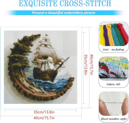 Image of KYOQFVN Sailboat Stamped Cross Stitch Kits, Ocean Sail Boat Needlepoint Counted Cross Stitch Kits for Beginners Adults, Patterns Dimensions Needlecrafts Embroidery Kits Arts and Crafts 14x14 Inch