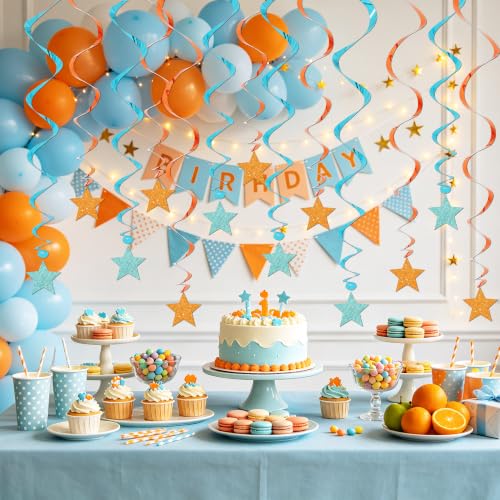 Image of BEISHIDA Blue Orange Glitter Stars Hanging Swirls Pre-Strung Stars Hanging Decorations for Baby Shower Paw Birthday Party Decorations Supplies,Pack of 15