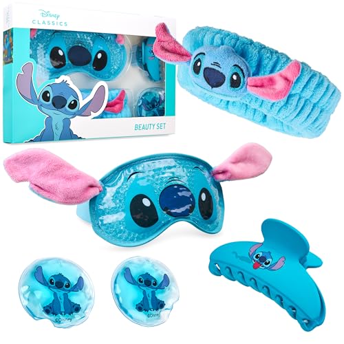 Disney Stitch Cooling Eye Mask & Beauty Accessories Set including Claw Clip Skincare Headband Soothing Cooling Eye Pads
