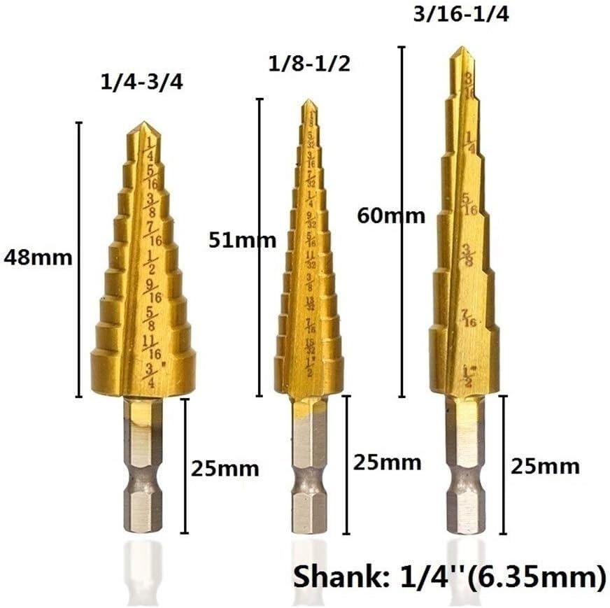 Broca escalonada, Brocas for metal, Broca escalonada de carburo Broca escalonada de 1/8"-3/4" pulgadas Broca cónica HSS recubierta de titanio for taladro de madera/metal(Hex Shank Set)