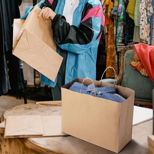 Image of Brown Paper Bags with Handles- 50pcs 16 inchx5 inchx12 inch Large Paper Carry Bags for Shopping, Retail Merchandise, Party Favor Return Gifting Paper Covers