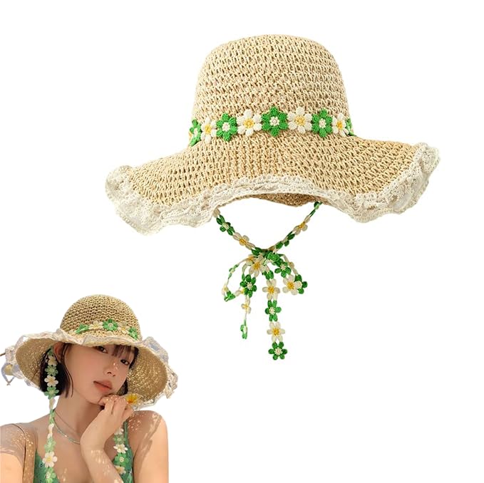 Beach Hats for Women, Beach Hat for Women, Beige Woven Straw Floral Sun Hat, Breathable Hollow Summer Headwear with Green and White Flowers for Outdoor Vacation-image-27
