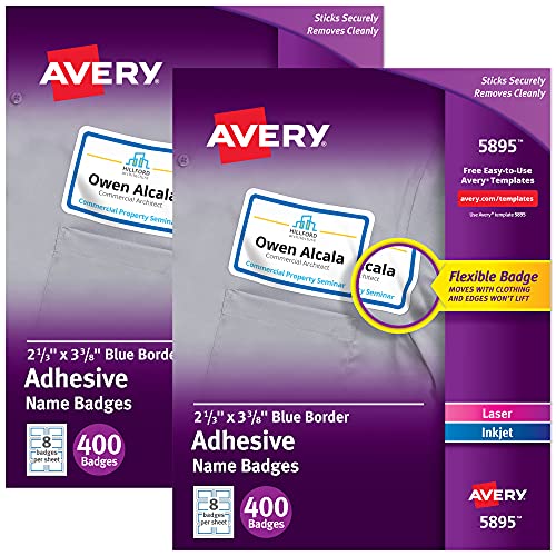 Avery Flexible Name Badges, 2-1/3" x 3-3/8", White with Blue Border, 400 per Pack, 2 Packs, 800 Removable Name Tag Stickers Total (01730)