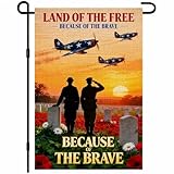 IVN Because Of The Brave Memorial Garden Flag 12x18 Burlap Land Of The Free Because Of The Brave Soldier Salute Cemetery Headstones Poppies Sunset Planes Double Sided Patriotic Outdoor Yard House Flag for Outside Home Front Door Lawn Porch Patio Memorial Day Decor