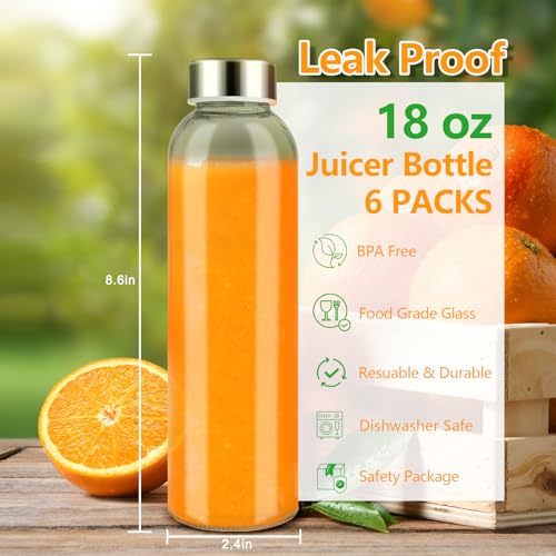 Zukro Glass Juice Bottles with Lids for Juicing 18 oz, Reusable Clear Glass Water Bottles with Stainless Steel Airtight Cap for Refrigerator, 100% Leak Proof Drinking Jar, BPA Free, Set of 6 - Image 3