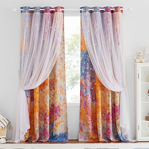 NICETOWN Rainbow Curtains - Double Layer Curtains 63 Inches Long with Sheer Grommet Nursery Blackout Star Hollow-Out Window Panels for Living Room, 52" W, 1 Pair, Yellow & Pink