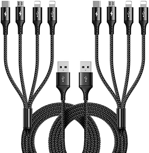 RULUS Multi Charging Cable [2Pack 4Ft] Multiple Charger Cable Braided Multi Charging Cord 4 in 1 Fast Charger Cord with IP/Type C/Micro USB Port for Cell Phones,IP,Samsung,Huawei,LG,Pixel,Tablets,PS