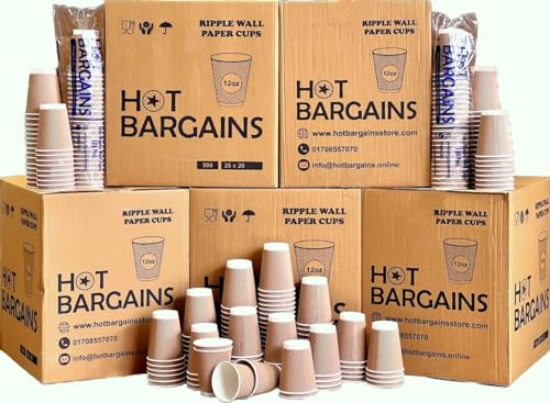 HOT BARGAINS Kraft Paper Coffee Cups 12oz/360ml, Pack of 500, Triple Wall Insulated Hot Drink Cups