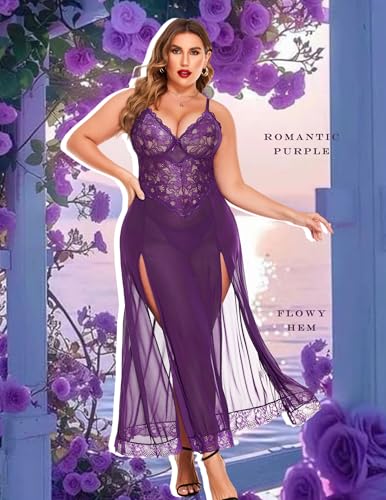 Image of Avidlove Plus Size Lingerie for Curvy Women Long Lace Babydoll Nightdress | V neck sheer mesh nightgown,g-string included,high side slits,adjustable straps,curve-flattering fit,maternity photoshoot
