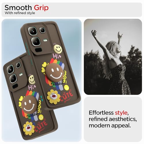 Image of Pikkme Back Cover for Infinix Note 50s 5G | Soft Silicone| Cute Rainbow Smile & 3D Cartoon Flower Design | Shockproof Raised Camera Protection Bumper Case (Brown)
