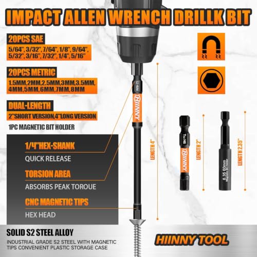 Image of Impact Allen Wrench Drill Bit Set,41PCS 2 inch&4 inch Long Hex Bit Set(Metric & SAE), 1 /4 inch Hex-Shank S2 Steel,Impact Driver Bit Set, Magnetic CNC Tips for Drill & Driver with Storage Box