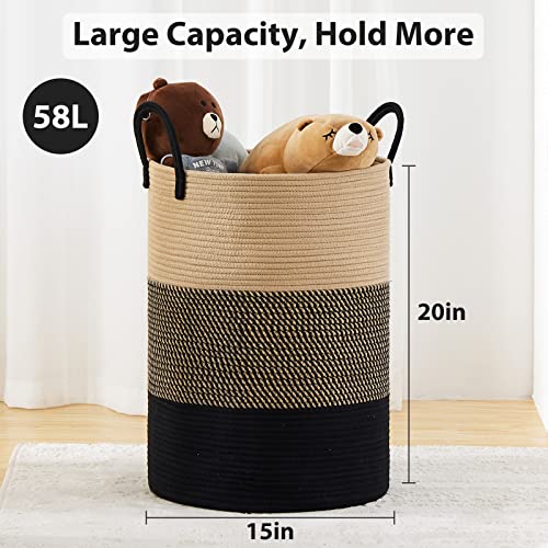 Fiona's Magic Woven Laundry Hamper, Tall Cotton Rope Laundry Basket, Large Boho Storage Basket For Blankets, Toys And Clothes Hamper For Bedroom And Living Room Organizing, Jute, 58L, Brown & Black #TOP2