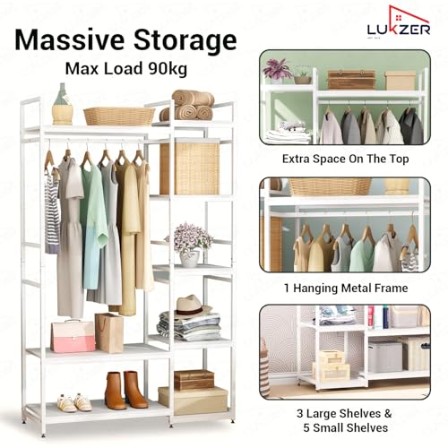 Image of Lukzer Heavy Duty Garment Rack with 8 Shelves & Hanging Rod | Free-Standing Modern Clothes Stand Metal & Engineered Wood Shoe Rack with Adjustable Foot Pads for Living Room - MMR-004 /White & White