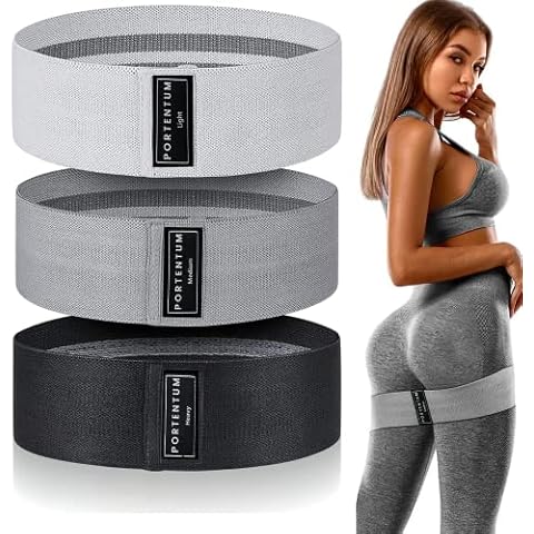 PORTENTUM Cintas elasticas musculacion, Set de 3 Bandas elasticas Fitness Antideslizantes de Tela. 3 Niveles de Resistencia para Crossfit, Yoga, Glúteos y Otros Deportes y Bolsa de Almacenamiento Cover