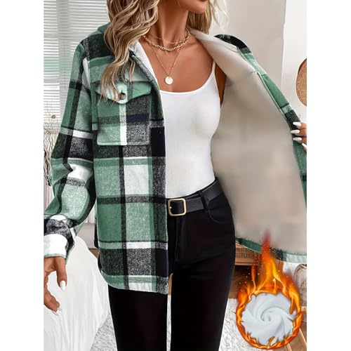 Generisch Wintermantel Damen Warm Gefüttert Kariert Winterjacke Damen Langarm Oversize Fleecejacke Mit Kapuze Fleece Damen-Jacken Winter Dicke Übergangsjacke Elegant Leicht Mantel Mit Knöpfen