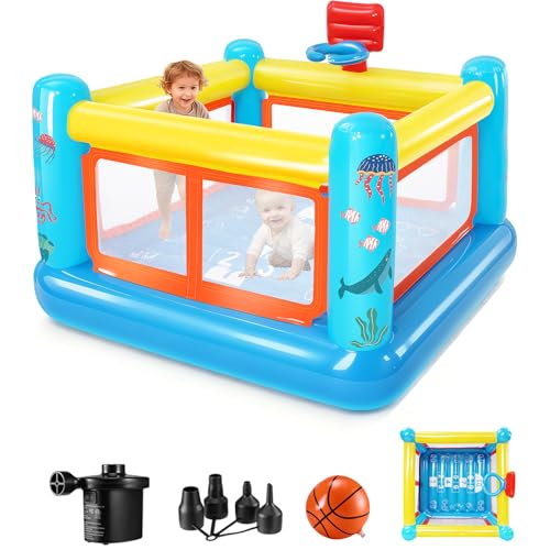 Château Gonflable pour Enfants de 3 à 6 Ans - Trampoline Interieur Gonflable en PVC avec Panier de Basket et Jeu Rebondissant - Pompe à Air Incluse