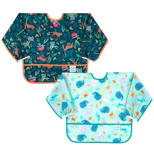 Bumkins - Sleeved Bib - For Boys & Girls Babies & Toddlers 6-24 Months - Lightweight Durable Waterproof - Long Sleeve Bib - Catch-All Pocket - Wipeable & Machine Washable - Jungle & Ocean - 2 Pack