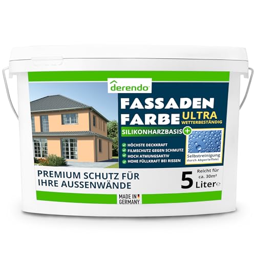 derendo Silikonharz Fassadenfarbe Terracotta ULTRA Wetterschutz Hellorange 5 l aussen Fassade Silikonharzfarbe mit Abperleffekt Lotus Blatt Fassadenschutz Schmutzabweisende Silikonharzbeschichtung