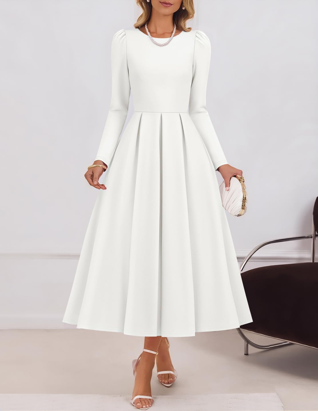ZESICA Women's Long Sleeve Midi Dresses 2026 Spring Elegant Crewneck Swing A Line Wedding Guest Party Dress with Pockets - Image 5