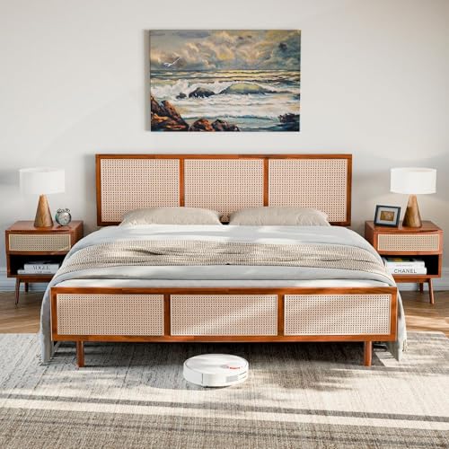 Image of Bme Nancy Signature Bed Frame, King Bed Frame and Headboard Unique Geometric, Mid Century Modern, Solid Acacia Wood, No Box Spring Needed, 12 Strong Wood Slats Support, Easy Assembly, Dark Chocolate