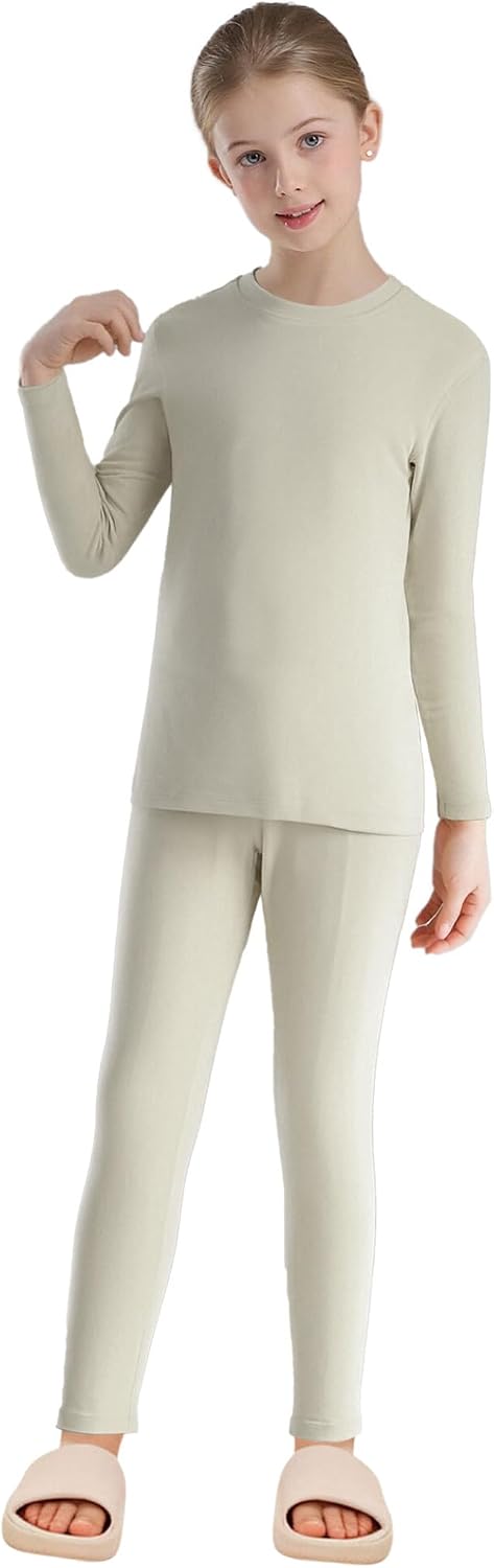 Yhong Kids Thermal Underwear 2 Pcs Winter Warm Tops And Leggings Set Unisex Thermal Pants Set Khaki 13-14 Years