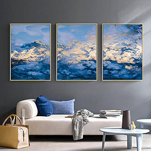 Art Mural Abstrait Bleu Doré pour Grand Mur | Triptyque Salon 3 Pièces 70x100cm