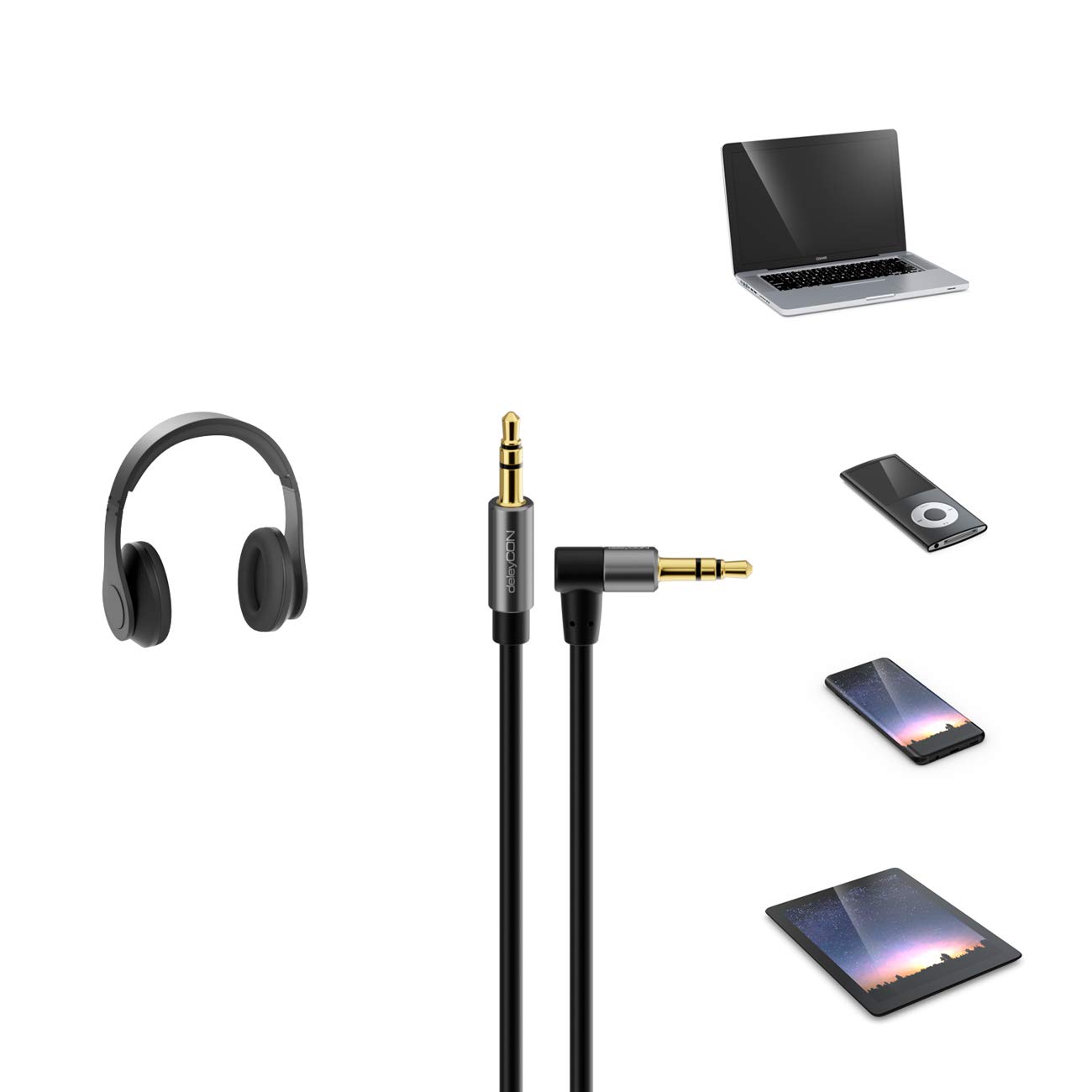 deleyCON 1m Kabel Audio Stereo AUX Jack 3,5 mm Kabel Jack Przewód Audio Wtyk Kątowy Metalowe Złącza Telefon Smartfon Tablet Słuchawki HiFi Odbiornik (Bardzo Cienki i Elastyczny)