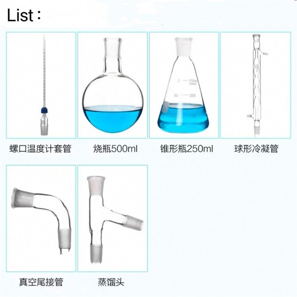 Instrumentos y Equipos de Laboratorio Kit de cristalería de laboratorio de 500 ml y 1000 ml, aparato de destilación de vidrio, 24/29 de laboratorio(500ml)