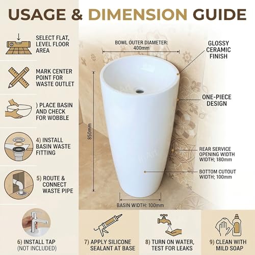 Image of InArt One Piece Ceramic Pedestal Free Standing Round Wash Basin for Living Room and Bathroom (16 x 16 x 32 Inch, White)