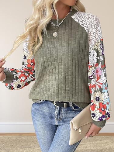 SKVON Floral Tops for Women Patchwork Long Sleeve Ribbed Blouses Crewneck Striped Crochet Print Shirts Lace Knit Sweaters3