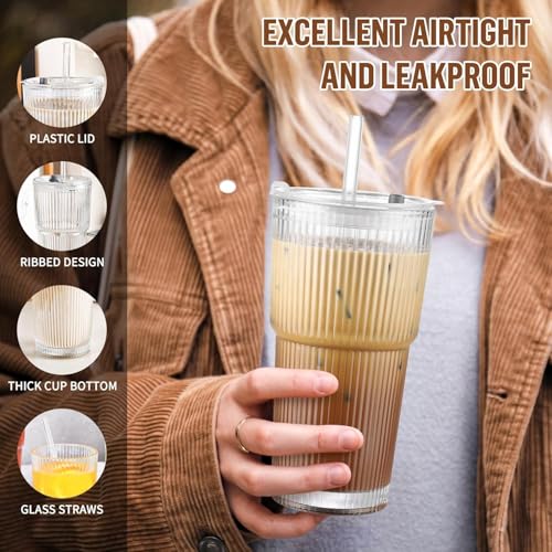 Image of KELVEE Ribbed Glass Tumbler with Lids and Straw Pack of 1, 600ML Aesthetic Iced Coffee Mug Sipper Bottle, Mason Drinking Cup for Green Tea, Juice, Cocktail, Matcha Cold Drinks Travel Mug (Lining)