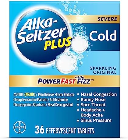 ALKA-SELTZER PLUS Severe Cold - Sparkling Original Powerfast Fizz Effervescent Common Cold Tablets, Sinus Congestion, Runny Nose, and Dry Cough, 36CT