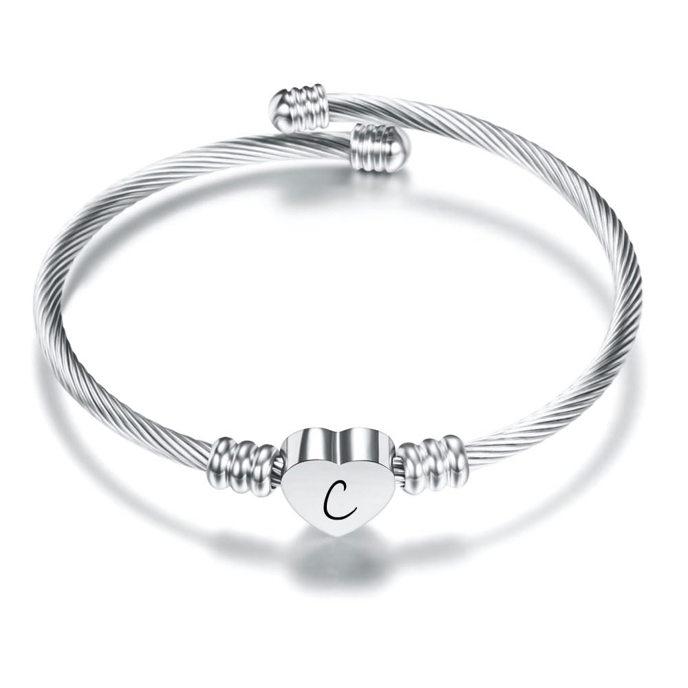 Argento Amore Cuore 26 Lettera Iniziale Alfabeto A-Z Polsino Bracciale Gioielli Regolabili Regalo Per Figlia Figlio Sorelle Amici Mamma Collega Amante Compleanno Natale