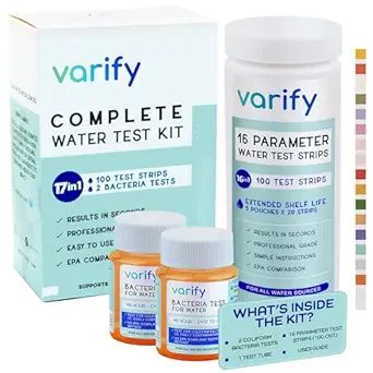 17 in 1 Drinking Water Test Kit - Incl. 2 Bacteria Tests - Home Water Quality Test - Well and Tap Water - Easy Testing Strips for Lead, Bacteria, Hardness, Fluoride, pH, Iron, Copper and More!