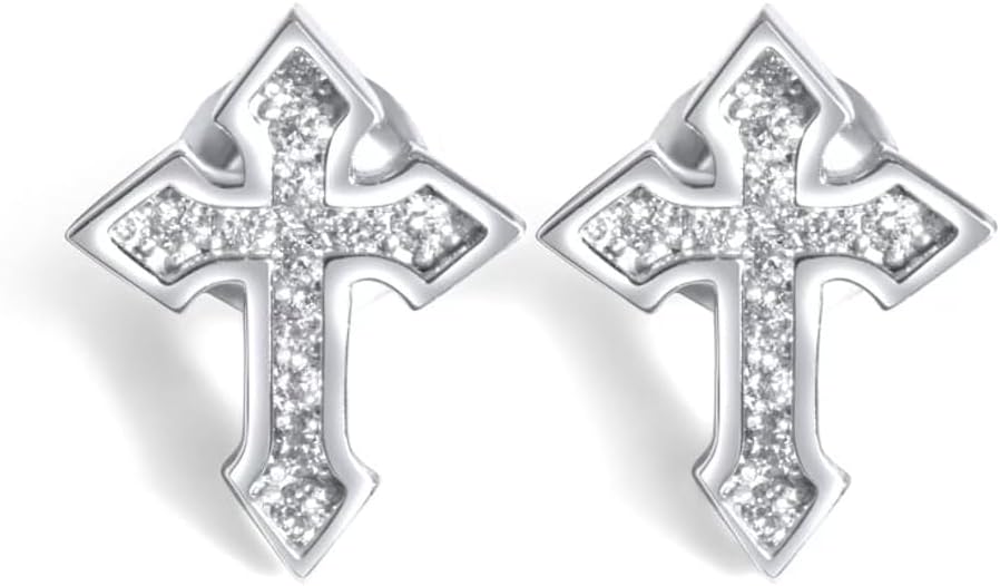 Mens Women's Channel Set Iced 5A Cz Hip Hop White Gold Plated Rhodium 925 Sterling Silver Screw Back Post Hypoallergenic Crucifix Ice Out Cubic Zirconia Gothic Cross Earrings