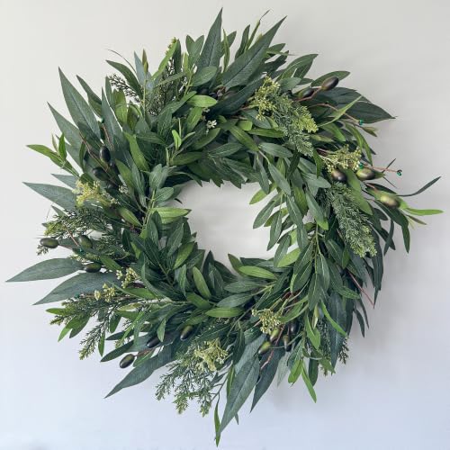 24 Inch Olive Wreaths for Front Door Artificial Olive Branch Greenery Wreath with Eucalyptus Rustic Farmhouse Front Door Wreath for Spring Summer Year Round Outdoor Porch Decor