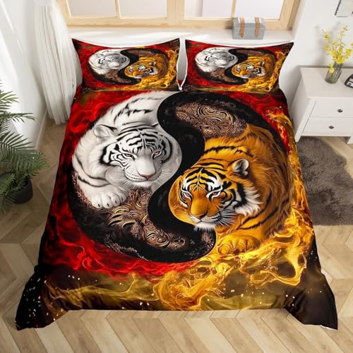 Feelyou Tiger Comforter Cover Set King Size Yin Yang Boho Trippy Bedding Set for Boys Girls Wildlife Bedding Duvet Cover Set Room Decorations Bedspread Cover 3Pcs,No Stuffing